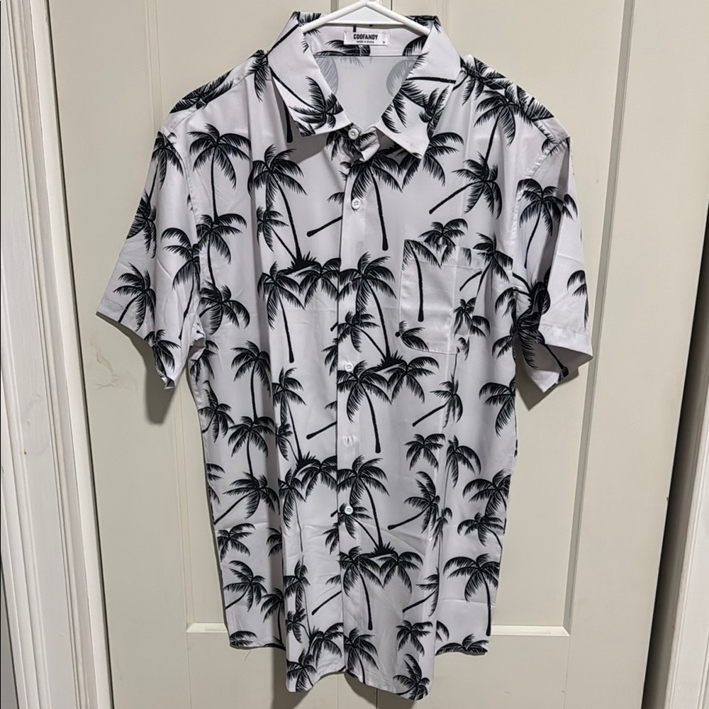 Tropical Palm Print Men's Shirt - Black and White